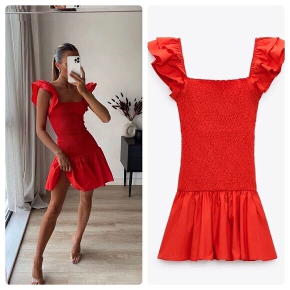 Zara Bright Red Red Ruffles Smocked New - Picture 6 of 6
